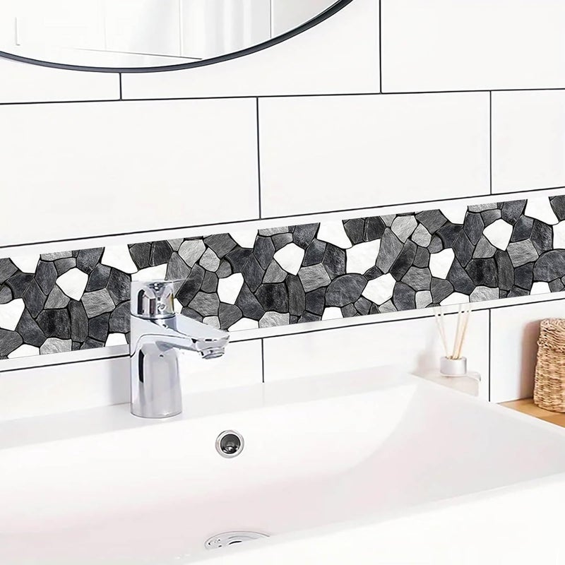 IVN Wallpaper Border Black White Stone Pattern Design 4x196 Inch Peel and Stick Wallpaper Border for Mirror Frame Bathroom Laundry Room Pool Area Living Room Wall Decor - Image 5